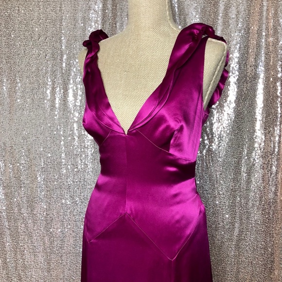 🏷SOLD Magenta Pink Ruffle Silk Gown Floor Dress - Picture 3 of 9